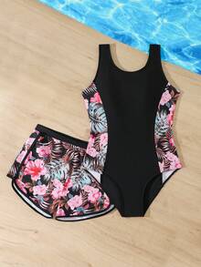 SHEIN 1件少女碎花拼接连体泳衣，配运动短裤，时尚休闲优雅泳装，适合游泳、度假、夏季穿着（印花图案可能有所不同） - 黑色 - 查看 5