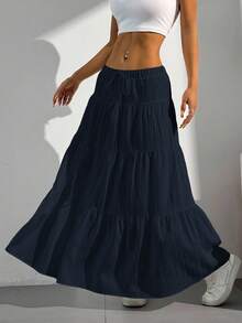 SHEIN PETITE CURVE Falda casual de verano de talla grande, de unicolor, con cintura elástica, cordón y dobladillo con volantes - Azul Marino - Ver 5