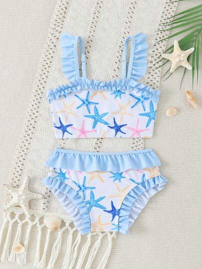Young Girl Blue Starfish Print Swimsuit Set, Summer Beach