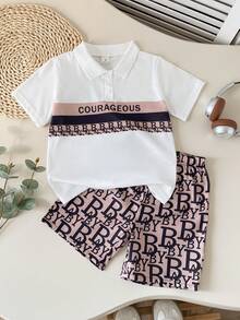 Playful Pals Bộ áo polo và quần short thường ngày in hình lá cây đồng quê mùa hè dành cho bé trai. - màu nâu - Xem 5