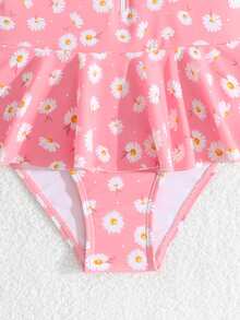Girls' Pink Daisy Print Long-Sleeved Dress Swimsuit,Sun-Protective Quick-Drying Rash Guard For Kids,Half-Zip Skirt Design Summer Beach Holiday Outfit - Coral Orange - View 5