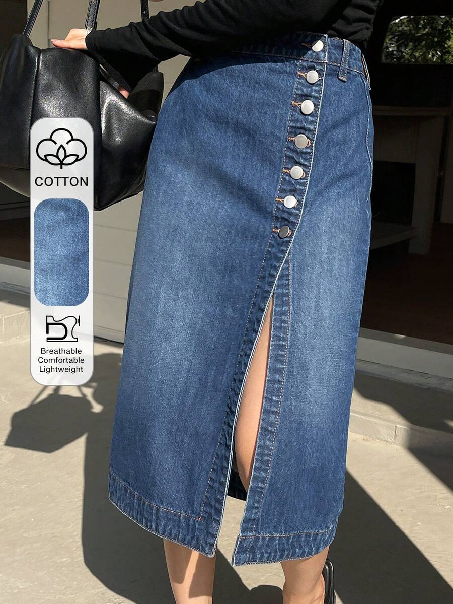 DAZY Chân váy maxi denim dáng suông thanh lịch, cạp thường, thiết kế cài một hàng khuy bên hông dành cho nữ, kiểu dáng thường ngày. - Rửa trung bình - Xem 1