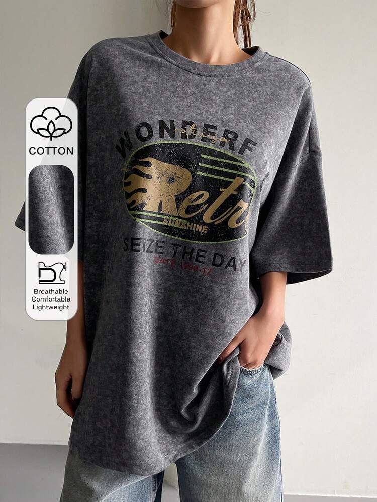 Women's Summer Round Neck Short Sleeve Distressed Graphic Casual Pullover T-Shirt Oversized