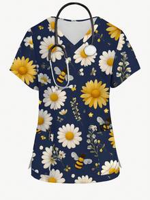PopScrub Blusa de uniforme de talla grande, blusa con estampado de flores silvestres y abejas, camisa con bolsillo fresca, camisa de manga corta con cuello en V para uso femenino, Halloween - Multicolor - Ver 3