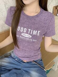 DAZY Women's Casual Letter Print Round Neck Short Sleeve T-Shirt, Summer Graphic Tees Women - Purple - View 5