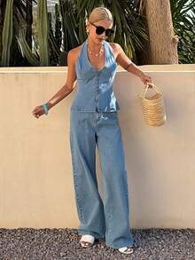 DAZY Bộ đồ denim nữ mùa hè, gồm áo hai dây cài khuy và quần dài. - Màu xanh lam - Xem 3