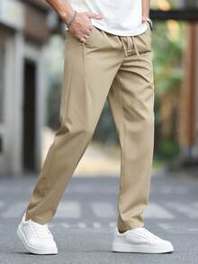 Manfinity CasualCool Quần dài nam màu trơn, cạp chun, có túi, kiểu dáng thường ngày. - Màu Khaki - Xem 4