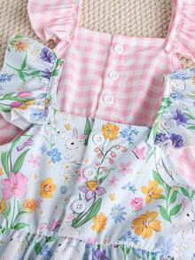 Souflis Souflis 2pcs/Set Toddler Girls' French Style Plaid & Floral Print Ruffle Sleeve Button Front Dress, Cute Summer Holiday Outfit Dresses For Girls - Multicolor - View 8