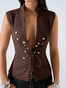 LYSMO 2026 New Minimalist V-Neck Sleeveless Tie-Front Button Decor Summer Vest For Women, Suitable For Outdoor, Work/Business Casual, Office Wear, As Well As Holiday/Boho Occasions - Brown - View 4