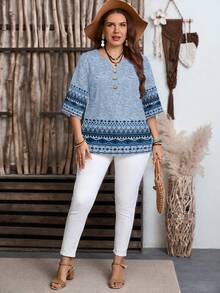 EMERY ROSE Camisa holgada de mujer con patrón geométrico y manga 3/4 para vacaciones - Multicolor - Ver 4