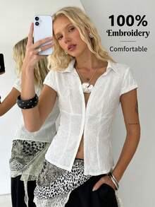 TRNVIE Women's White Casual Collared Embroidered Woven Fabric Cap Sleeve Semi-Sheer Shirt Blouse Regular Length - White - View 3