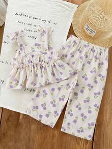 SHEIN Bộ đồ mùa hè dễ thương cho bé gái: áo hai dây họa tiết hoa nhí và quần cạp chun. - Nhiều màu - Xem 2