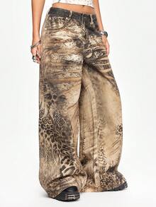 ROMWE Grunge Punk Jeans anchos y sueltos con estampado de leopardo en degradado vintage - Multicolor - Ver 5