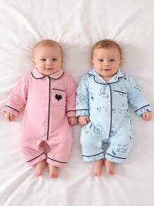 Newborn Footed Pajamas, Elegant Embroidered Heart Pattern, Front-Open One-Piece Soft Solid Color, Skin-Friendly & Comfortable - Pink - View 3