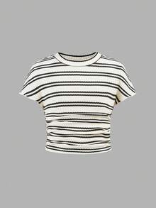 SHEIN Bộ đồ thể thao thường ngày thanh lịch dành cho bé gái tuổi teen, gồm áo tay ngắn xếp ly ôm sát người, chất liệu jacquard, kiểu dáng suông, thích hợp cho kỳ nghỉ. - trắng - Xem 4