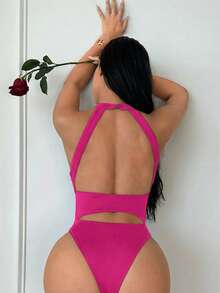 SHEIN SXY 性感露背吊带连体衣 - 玫紅色 - 查看 2