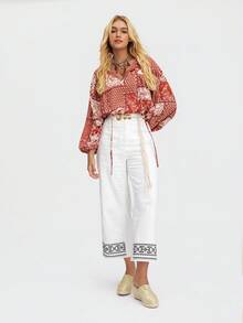 Styleloop 女士坡跟厚底一脚蹬凉鞋，刺绣图案，夏季波西米亚风度假凉鞋，编织绳罗马沙滩凉鞋，交叉绑带设计，适合度假季、春夏穿着，波西米亚风和度假风。 - 杏色 - 查看 2