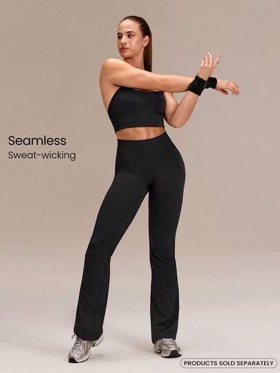 GLOWMODE 31英寸超细柔软无缝宽松高腰无缝弹力宽罗纹拼接喇叭紧身裤，适合中等强度训练、跑步、健身、瑜伽、日常运动穿着