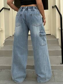 Dazy Plus Washed Blue Distressed Cat Whisker Side Pocket Loose Wide Leg Casual Jeans, All Season - Light Wash - View 2