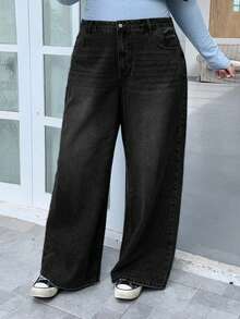 Dazy Plus 大码女式复古水洗做旧阔腿长牛仔裤，宽松牛仔裤 - 黑色 - 查看 6