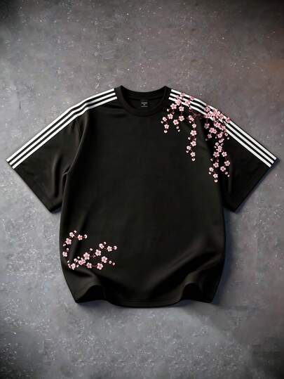 Manfinity EMRG 男士休闲樱花印花条纹拼接短袖T恤，夏季