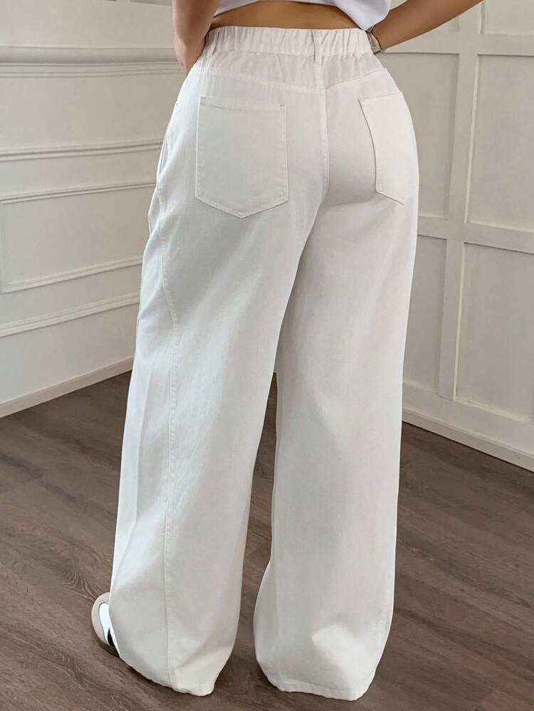 Dazy Plus Plus Size Women Straight Leg Long White Jeans, Casual All Season