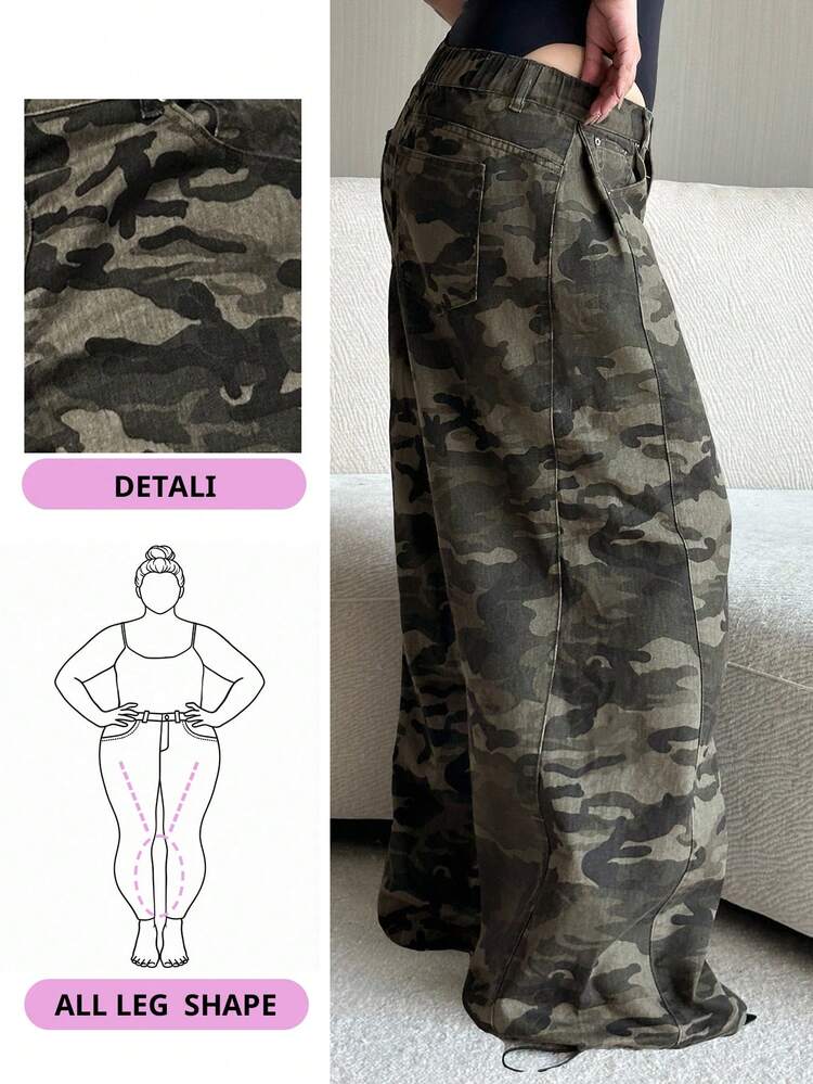 Dazy Plus Plus Size Women Military Green Camouflage Loose Straight Leg Jeans, Motorcycle Autumn