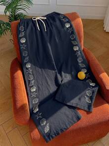 Comfortcana Women's Summer Drawstring Waist Starfish & Shell Print Casual Wide Leg Pants, Versatile Daily Wear, Spring Outfit, Navy Blue - Navy Blue - View 6