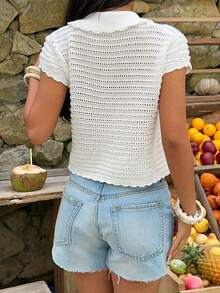 Sunnyshic Cárdigan de verano para mujer, de estilo casual y versátil, con cuello en pico, manga corta y diseño hueco, en color blanco - Blanco - Ver 2