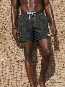 ZELFYO Pantalones cortos de playa para hombre con estampado de palmeras, cintura con cordón y bolsillos - Negro - Ver 1