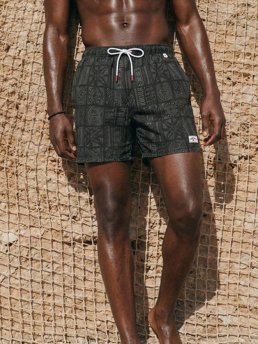 ZELFYO Pantalones cortos de playa para hombre con estampado de palmeras, cintura con cordón y bolsillos - Negro - Ver 1