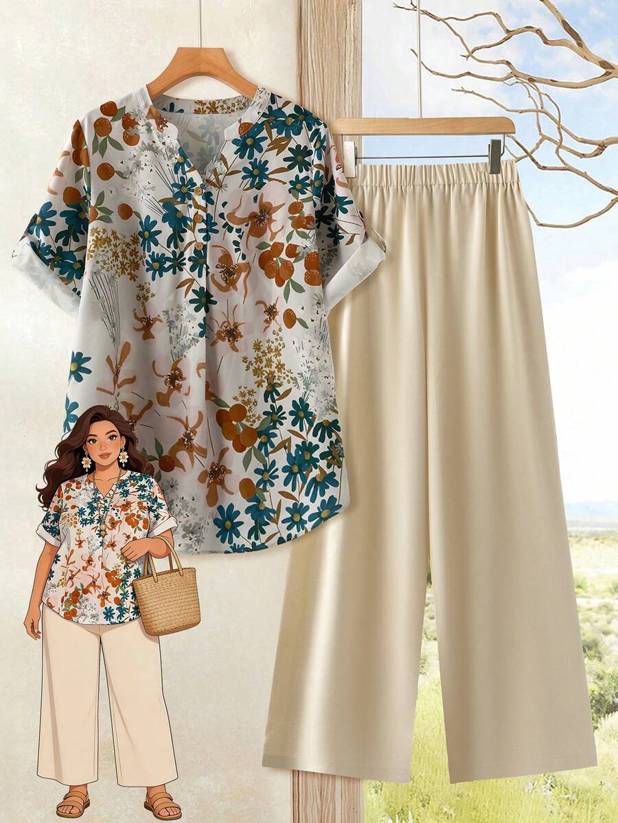 EMERY ROSE 大码印花圆领短袖上衣和纯色阔腿裤两件套 - 彩色 - 查看 1