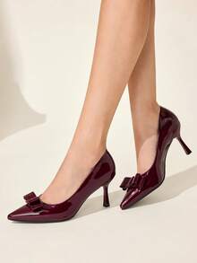 CUCCOO CHICEST 女士尖头蝴蝶结装饰日常百搭时尚高跟鞋 - 酒紅色 - 查看 9