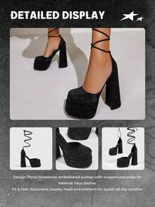 SHEIN X Lucía Bellido Sugerpunk Zapatos de mujer con decoración de strass, diseño de correas con lazo, tacón grueso de plataforma de satén negro para fiesta, vacaciones, rebajas de verano, estilo Y2K, punk, tendencia, cool, deportivo, Navidad, Año Nuevo, otoño - Negro - Ver 9