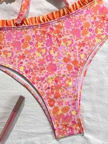 Swim Mod Women's Pink Floral & Orange Striped Spaghetti Strap Sexy Beach Vacation Swimsuit Set - Pink - View 5