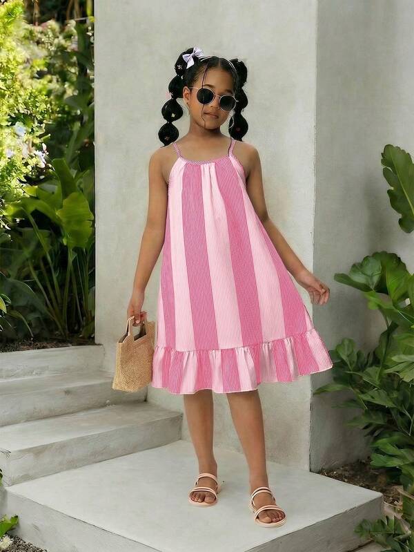 SHEIN Sparklyn Tween GirlsRainbow Striped Print Spaghetti Strap Ruffle Hem Casual Vacation Dress