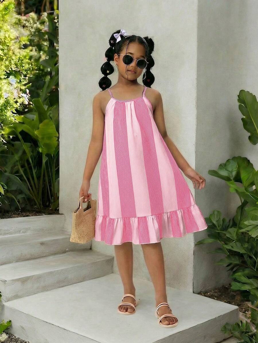 SHEIN Đầm dự tiệc dáng rộng, họa tiết sọc cầu vồng, dây mảnh, viền bèo nhún, thích hợp cho bé gái tuổi teen. - Hồng - Xem 1