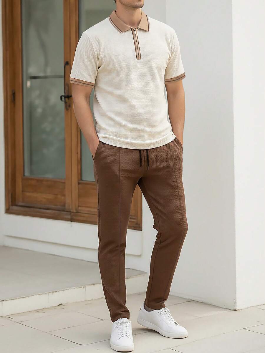 Manfinity Bizformal 男士短袖纹理面料拉链领 Polo 衫套装，适合居家、外出和办公穿着 - 杏色 - 查看 1