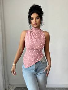 Rafferiza Women's Red Polka Dot Fitted Asymmetric Hem Tank Top - Pink - View 5