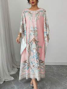 Rafferiza Bata elegante y holgada con estampado digital de colocación de estilo medio oriental, cuello redondo y manga 3/4 para mujeres, primavera/verano - Rosa - Ver 4