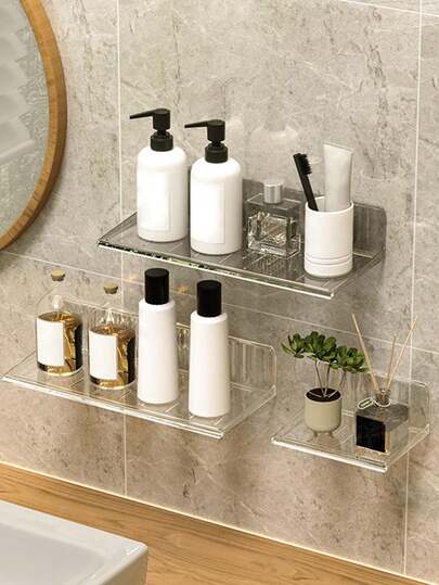 1 kệ đựng đồ trong nhà tắm bằng nhựa trong suốt, không cần khoan lỗ, dùng cho phụ kiện nhà tắm.