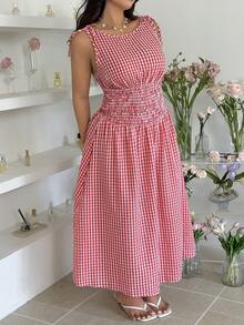 GalTyme 大码女式格子圆领无袖抽绳腰休闲连衣裙 - 紅白色 - 查看 3