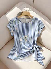 GlowEve CURVE Women's Blue And White Striped Floral Print Tie Front Short Sleeve Blouse,Summer Tropical Vacation Holiday Casual Tops Filipiniana Shirts & Blouses - Multicolor - View 7