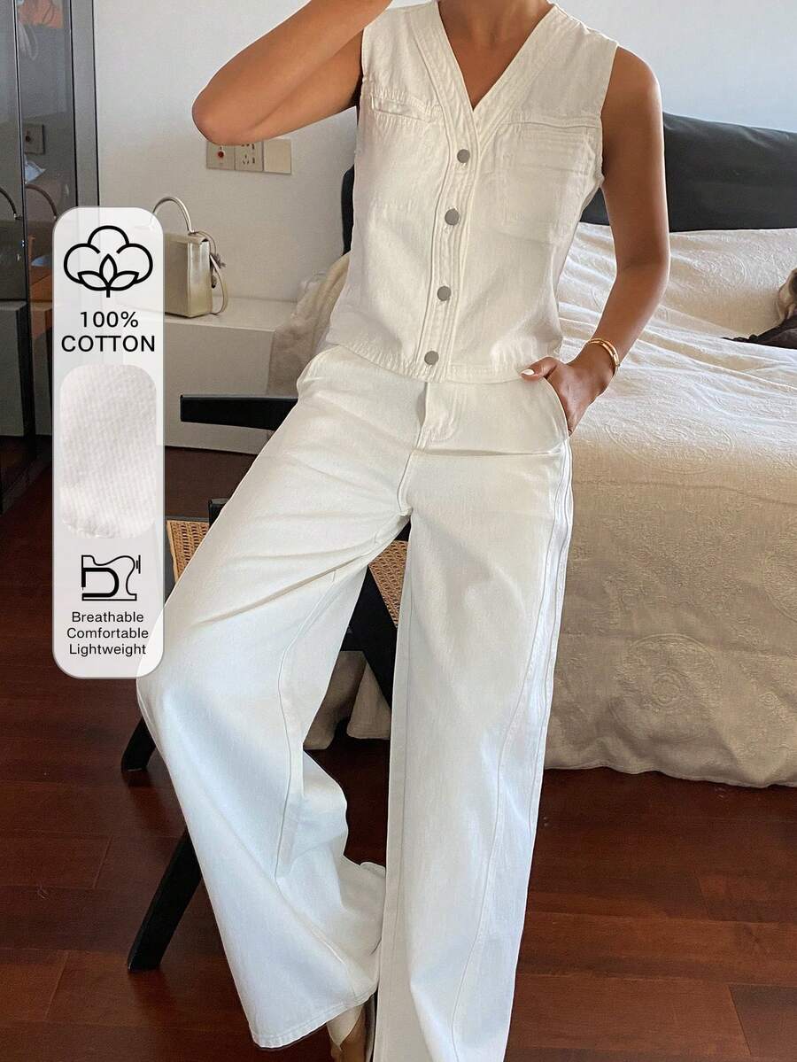 DAZY Conjunto casual de mujer con chaleco de mezclilla de frente abierto, ajustado y sin mangas, y pantalones vaqueros rectos y sueltos - Blanco - Ver 1