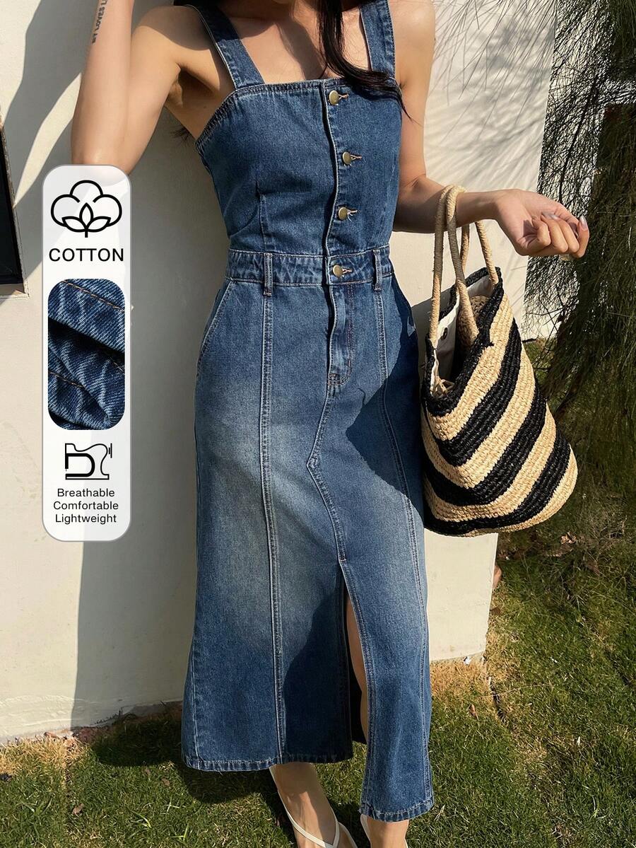 DAZY Đầm yếm thắt eo cho nữ, đầm denim maxi thanh lịch và giản dị. - Rửa trung bình - Xem 1