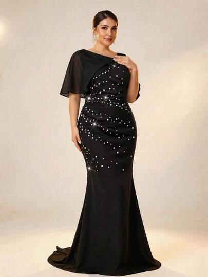 Serin Plus Size Elegant Romantic Champagne Round Neck 3/4 Sleeve Luxury Sequins & Sequins Embellished Ruched Waist Mermaid Hem Dress With Sequin Trim, Suitable For Wedding, Party, Formal Occasion, Mother Of The Bride