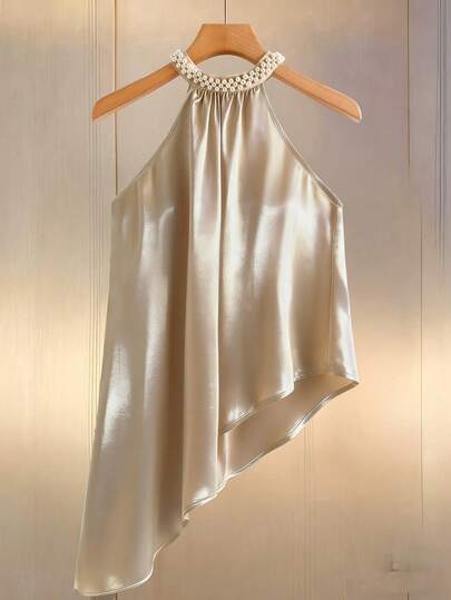 Arave Women's Satin Loose Fit, Cut-Out Shoulders, Stand Collar, Hand-Beaded Details, Asymmetrical Hem, Everyday Work Top Summer Outfits For Women Vacation Outfits Women Summer Tops Summer Clothes Graduation Dress Women