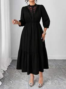 Elenzga Vestido de unicolor con volantes en el bajo, manga 3/4, corte evasé y parches de encaje para mujer de talla grande - Negro - Ver 3