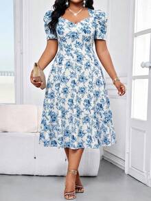 SHEIN Lady Vestido midi elegante con estampado floral, cuello en V y parches de malla de 3/4 de manga para mujer de talla grande. Vestidos elegantes para mujeres, atuendos de vacaciones, vestido de primavera, vestido floral elegante de verano, ropa elegante para mujer - Multicolor - Ver 4