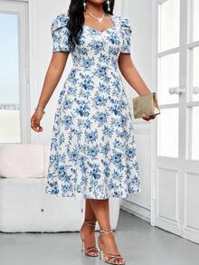 SHEIN Lady Vestido midi elegante con estampado floral, cuello en V y parches de malla de 3/4 de manga para mujer de talla grande. Vestidos elegantes para mujeres, atuendos de vacaciones, vestido de primavera, vestido floral elegante de verano, ropa elegante para mujer - Multicolor - Ver 6